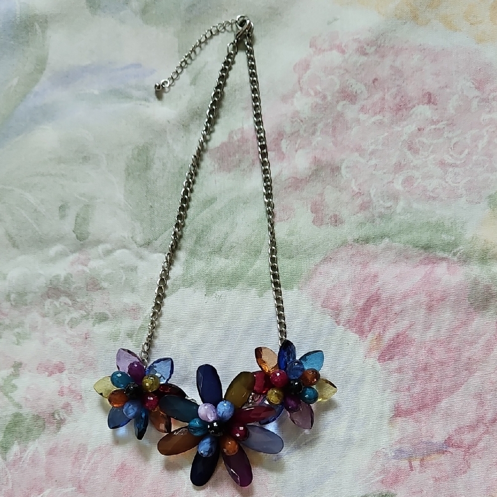 Stunning Floral Flower Necklace Primary Colors Purple Blue Yellow Summer Party